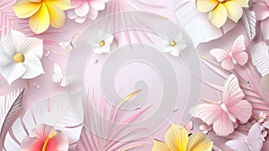 Pinkish background with white, yellow and pink flowers and green leaves photo