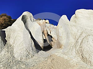 Pinkish-white sandstone cliffs and landforms at St Bathans in Otago region of the South Island of New Zealand