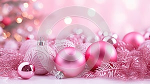 Pinkmas concept. Pink Christmas tree branches decorated with ornaments in pink color. Merry Xmas, Happy New Year 2024 in