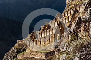 Pinkuylluna, ruins of ancient Inca storehouses located on mountains, Sacred Valley, Ollantaytambo, Peru