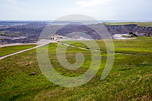 Pinnacles Overlook in Badland national park during summer. From grassland to valley. Badland landscape South Dakota