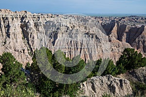 Pinnacles Overlook in Badland national park during summer. From grassland to valley. Badland landscape South Dakota