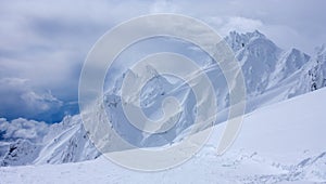 The Pinnacles in Whakapapa Ski Resort on Mt Ruapehu volcano in the North Island of New Zealand covered by deep layers of snow