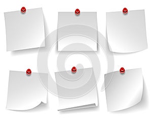 Pinned empty white note paper curled corner red push button message isolated on white background vector illustration