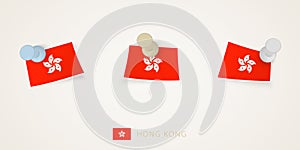 Pinned flag of Hong Kong in different shapes with twisted corners. Vector pushpins top view