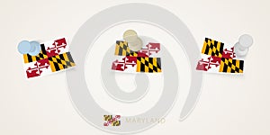 Pinned flag of Maryland in different shapes with twisted corners. Vector pushpins top view