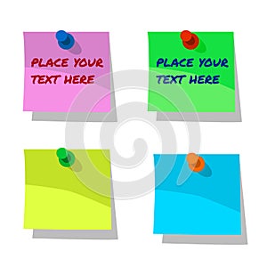 Pinned Paper Notes, Labels post-it note, blue, pink, yellow and green with sample text with permanent markers isolated