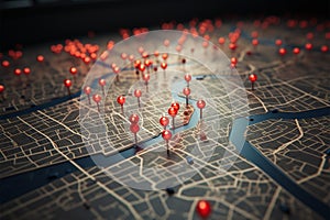 Pinned paths Conceptual city map, marked with vivid red pins