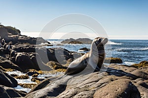 pinniped sunning on rocky shore, with view of ocean in the background