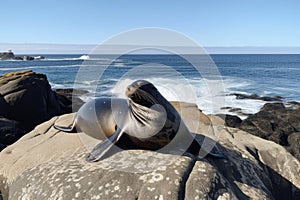 pinniped sunning on rocky shore, with view of ocean in the background