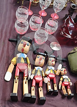 Pinocchio puppets made from wood at flea market