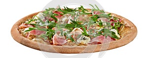 Pinoli pizza with cheese and cream sauce, mozzarella, prosciutto, gorgonzola, pears, pine nuts and arugula