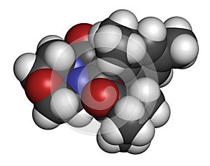 Pinoxaden herbicide molecule. 3D rendering. Atoms are represented as spheres with conventional color coding: hydrogen white,. photo