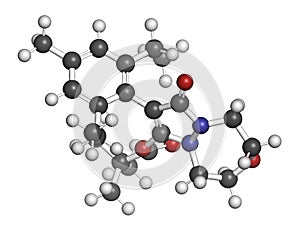 Pinoxaden herbicide molecule. 3D rendering. Atoms are represented as spheres with conventional color coding: hydrogen white,. photo