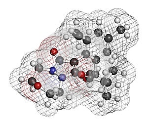 Pinoxaden herbicide molecule. 3D rendering. Atoms are represented as spheres with conventional color coding: hydrogen white,. photo