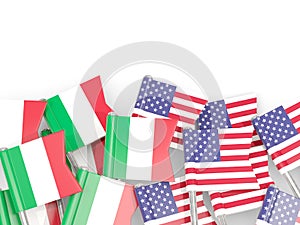 Pins with flags of Italy and United States isolated on white