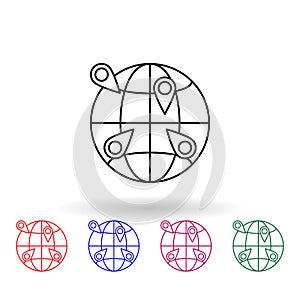 Pins on the globe multi color icon. Simple thin line, outline vector of navigation icons for ui and ux, website or mobile