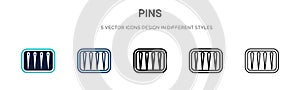 Pins icon in filled, thin line, outline and stroke style. Vector illustration of two colored and black pins vector icons designs