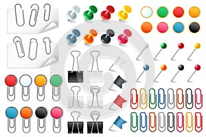 Pins paper clips. Push pins fasteners staple tack pin colored paper clip office organized announcement, realistic vector