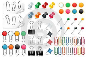 Pins paper clips. Push pins fasteners staple tack pin colored paper clip office organized announcement, realistic vector photo