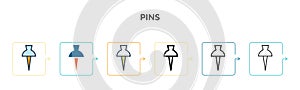 Pins vector icon in 6 different modern styles. Black, two colored pins icons designed in filled, outline, line and stroke style.