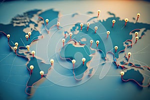 pins on a world map with flights connexions