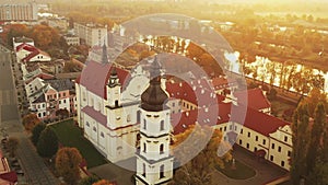 Pinsk, Brest Region, Belarus. Pinsk Cityscape Skyline In Autumn Morning. Bird's-eye View Of Cathedral Of Name Of The