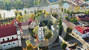 Pinsk, Brest Region, Belarus. Pinsk Cityscape Skyline In Autumn Morning. Bird's-eye View Of Cathedral Of Name Of The