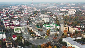 Pinsk, Brest Region, Belarus. Pinsk Cityscape Skyline In Autumn Morning. Bird`s-eye View Of Residential Districts And