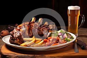 pint of amber ale, mouth-watering smoked ribs with sides on plate