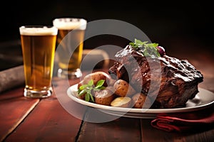 pint of amber ale, mouth-watering smoked ribs with sides on plate