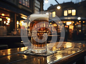 Pint of beer on a bar in a traditional style English pub