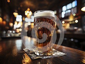 Pint of beer on a bar in a traditional style English pub