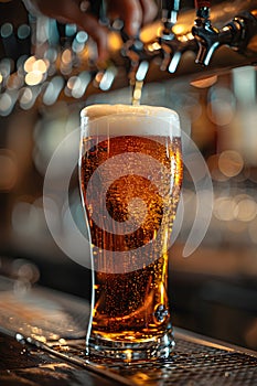 A pint of beer being poured from a tap at the bar into a beer glass