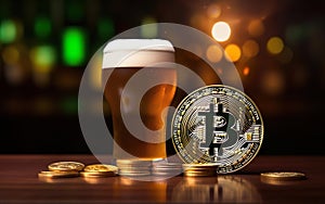 Pint of beer with bitcoin emblem on St Patricks Day blurred evening light background. Wooden table, piles of coins. AI Generative