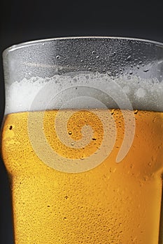A pint of beer with foam in glass with water drops on a dark background and reflection in the surface