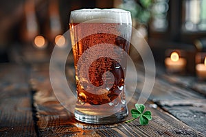 A pint of beer with a lucky irish four leaf clover for St Patrick's day