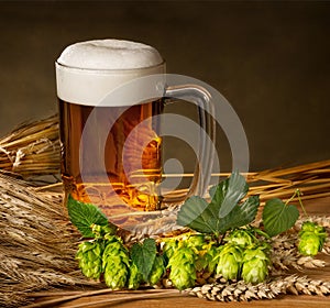 Pint of beer with raw material for beer production