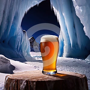 Pint of cold beer in blue ice frozen cave