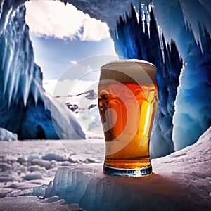 Pint of cold beer in blue ice frozen cave