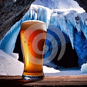 Pint of cold beer in blue ice frozen cave