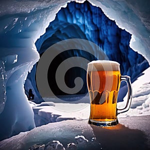 Pint of cold beer in blue ice frozen cave