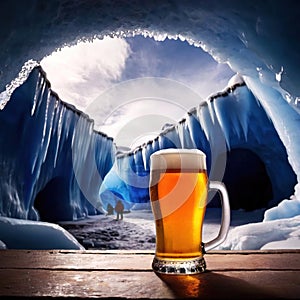 Pint of cold beer in blue ice frozen cave