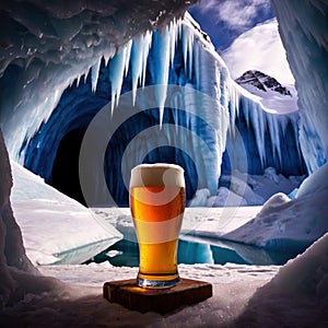 Pint of cold beer in blue ice frozen cave