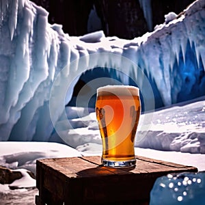 Pint of cold beer in blue ice frozen cave