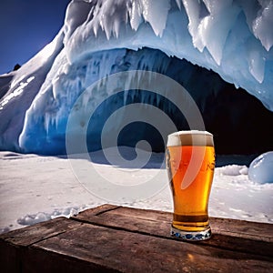 Pint of cold beer in blue ice frozen cave