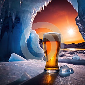 Pint of cold beer in blue ice frozen cave