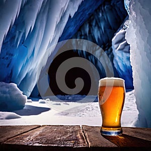 Pint of cold beer in blue ice frozen cave