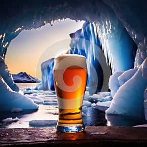 Pint of cold beer in blue ice frozen cave