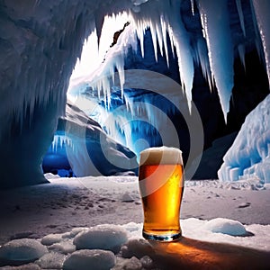 Pint of cold beer in blue ice frozen cave